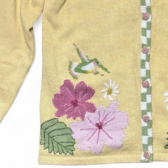 Storybook Knits Vintage Yellow Beaded & Embroidered Hummingbird Floral Cardigan - Picture 3 of 8